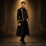 Mens Gothic Military Coat, Black Gold Embroidered Jacket, Steampunk Costume