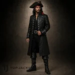 Men's Gothic Pirate Coat, Black Leather Buccaneer Jacket, Skull Crossbones Costume, Renaissance Festival Wear
