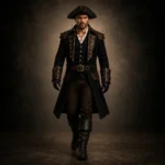 Mens Pirate Captain Costume, Black Long Coat, Leather Trim Buccaneer Jacket, Steampunk Renaissance Outfit