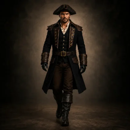Mens Pirate Captain Costume, Black Long Coat, Leather Trim Buccaneer Jacket, Steampunk Renaissance Outfit