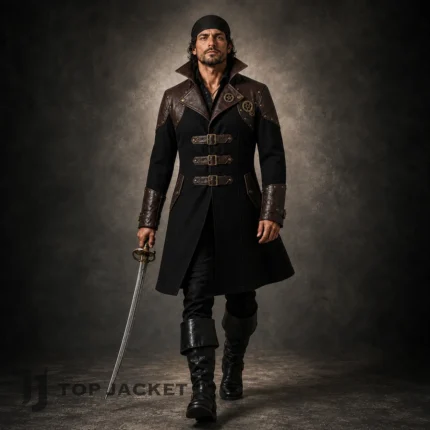 Mens Pirate Coat Costume, Black Steampunk Captain Jacket, Buccaneer Outfit, Renaissance Fair Cosplay