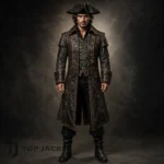 Mens Pirate Costume, Gothic Buccaneer Coat, Tricorn Hat and Tall Boots, Halloween Captain Cosplay Outfit