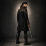 Mens Steampunk Pirate Costume, Black Captain Coat, Leather Trim Jacket, Buccaneer Cosplay Outfit