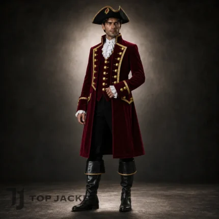 Men'sBurgundy Velvet Pirate Coat, Captain Hook Style Jacket, Renaissance Fair Costume, Buccaneer Outfit