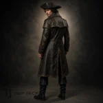 Pirate Captain Costume Men, Distressed Black Long Coat, Tricorn Hat, Tall Boots, Halloween Theatre Cosplay