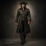 Pirate Costume Men, Black Leather Look Captain Coat, Tricorn Hat and Boots, Buccaneer Halloween Cosplay Outfit