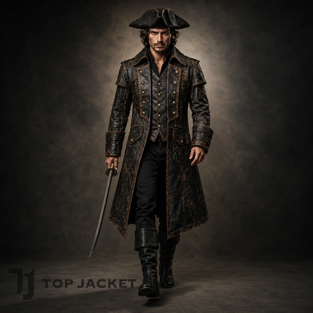 Pirate Costume Men, Black Leather Look Captain Coat, Tricorn Hat and Boots, Buccaneer Halloween Cosplay Outfit Pirate Costume Men, Black Leather Look Captain Coat, Tricorn Hat and Boots, Buccaneer Halloween Cosplay Outfit
