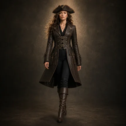 Women Brown Leather Pirate Coat, Female Captain Costume, Steampunk Corset Jacket, Renaissance Fair Outfit