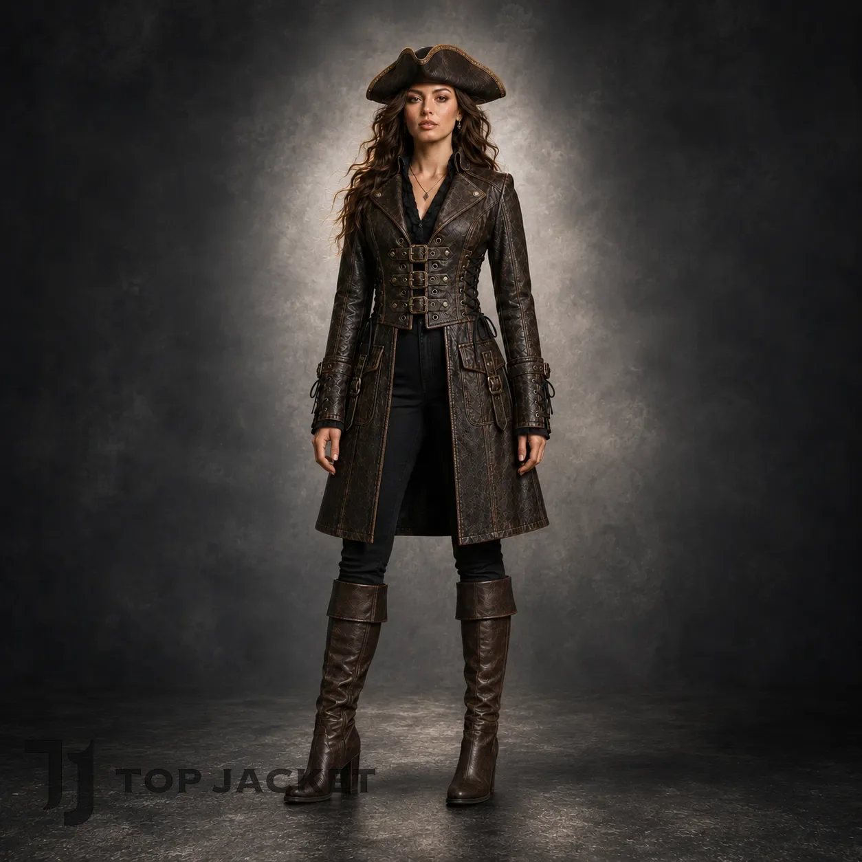 Women Pirate Costume Coat, Brown Leather Steampunk Jacket, Corset Style Buccaneer Outfit Women Pirate Costume Coat, Brown Leather Steampunk Jacket, Corset Style Buccaneer Outfit