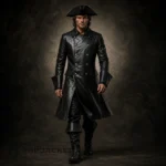 Black Leather Pirate Coat Men, Lace Up Back Captain Jacket, Gothic Renaissance Costume