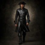 Black Leather Pirate Coat Men, Lace Up Back Captain Jacket, Gothic Renaissance Costume