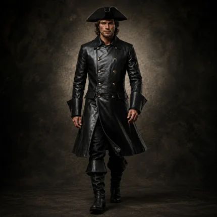 Black Leather Pirate Coat Men, Lace Up Back Captain Jacket, Gothic Renaissance Costume