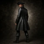 Black Pirate Coat Men, Leather Captain Costume, Double Breasted Buccaneer Jacket, Cosplay Outfit
