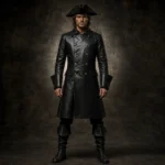 Men Black Leather Pirate Coat, Captain Costume Jacket, Gothic Buccaneer Outfit, Renaissance Fair Wear
