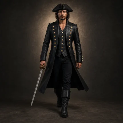 Men Black Pirate Coat, Leather Captain Costume Jacket, Buccaneer Halloween Outfit, Renaissance Fair Coat