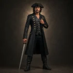 Men Black Pirate Coat, Long Leather Buccaneer Jacket, Captain Costume Outfit, Renaissance Festival Coat