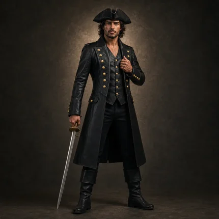 Men Black Pirate Coat, Long Leather Buccaneer Jacket, Captain Costume Outfit, Renaissance Festival Coat
