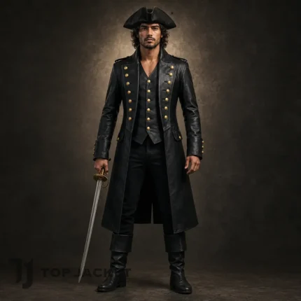 Men Black Pirate Costume Jacket, Long Captain Coat, Gothic Buccaneer Outfit, Halloween Cosplay Coat