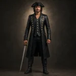 Men Black Pirate Costume Jacket, Long Captain Coat, Gothic Buccaneer Outfit, Halloween Cosplay Coat