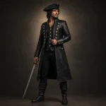 Men Black Pirate Jacket, Long Leather Captain Coat, Buccaneer Cosplay Outfit, Renaissance Costume Coat