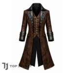 Men Brown Leather Pirate Coat, Steampunk Pirate Captain Jacket, Victorian Frock Coat, Gothic Cosplay Long Coat, Leather Pirate Costume 1 (1)