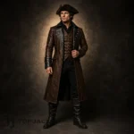 Men Brown Leather Pirate Jacket, Long Captain Coat, Renaissance Festival Costume, Steampunk Buccaneer Outfit