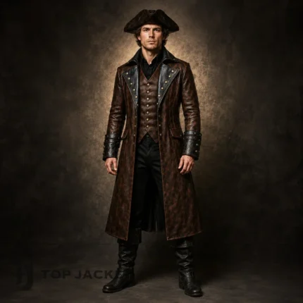 Men Brown Pirate Coat, Leather Captain Jacket, Buccaneer Costume, Renaissance Fair Outfit, Steampunk Cosplay Coat