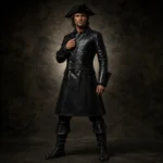 Men Gothic Pirate Coat, Black Leather Captain Jacket, Lace Up Back Costume, Buccaneer Outfit