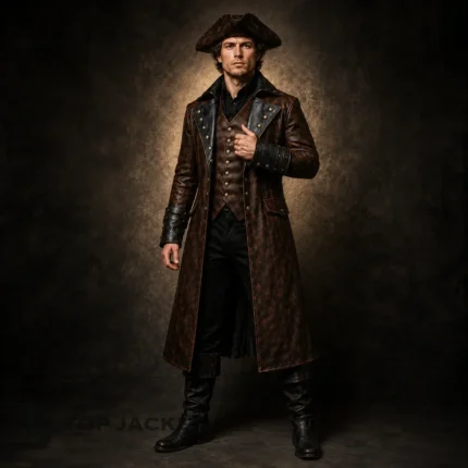 Men Long Brown Pirate Coat, Leather Trench Jacket, Renaissance Fair Costume, Steampunk Captain OutfitMen Long Brown Pirate Coat, Leather Trench Jacket, Renaissance Fair Costume, Steampunk Captain Outfit