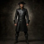 Men's Black Leather Pirate Coat, Captain Costume Jacket, Gothic Buccaneer Outfit, Renaissance Fair Wear
