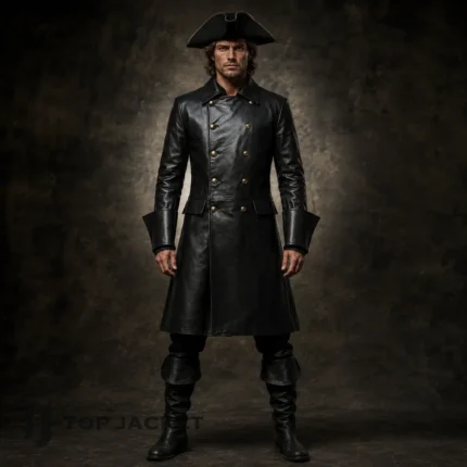 Men's Black Leather Pirate Coat, Captain Costume Jacket, Gothic Buccaneer Outfit, Renaissance Fair Wear