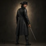 Men's Black Leather Pirate Coat, Captain Hook Style Jacket, Buccaneer Costume, Medieval LARP Outfit