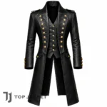 Men's Black Leather Pirate Coat, Pirate Captain Long Jacket, Gothic Steampunk Coat, Renaissance Medieval Cosplay Costume, Victorian Pirate