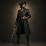 Men's Black Pirate Jacket, Long Leather Captain Coat, Buccaneer Cosplay Outfit, Renaissance Costume Coat