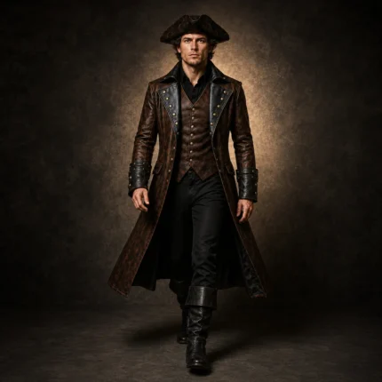 Mens Brown Leather Pirate Coat, Captain Costume Jacket, Steampunk Buccaneer Outfit, Renaissance Halloween Coat