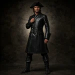 Men's Gothic Pirate Coat, Black Leather Captain Jacket, Lace Up Back Costume, Buccaneer Outfit