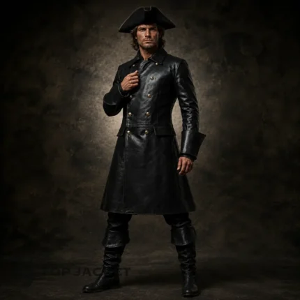 Men's Gothic Pirate Coat, Black Leather Captain Jacket, Lace Up Back Costume, Buccaneer Outfit