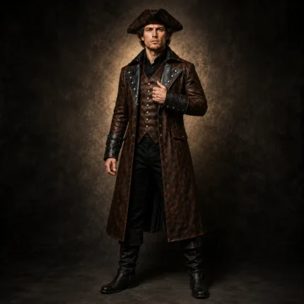 Mens Long Brown Pirate Coat, Leather Trench Jacket, Renaissance Fair Costume, Steampunk Captain Outfit