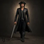 Men'sBlack Pirate Coat, Leather Captain Costume Jacket, Buccaneer Halloween Outfit, Renaissance Fair Coat