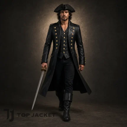 Men'sBlack Pirate Coat, Leather Captain Costume Jacket, Buccaneer Halloween Outfit, Renaissance Fair Coat