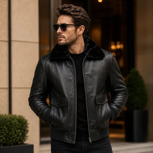 Men Black Leather Bomber Jacket, Fur Collar Winter Coat, Aviator Style Biker Jacket, Handmade Leather Jacket
