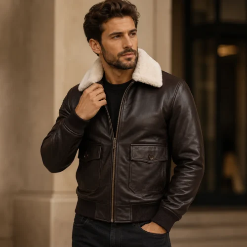 Men's brown leather bomber jacket