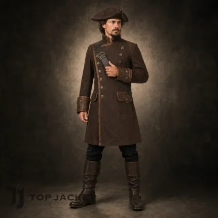 Men Brown Pirate Costume Coat, Long Captain Jacket, Buccaneer Halloween Outfit, Renaissance Festival Coat