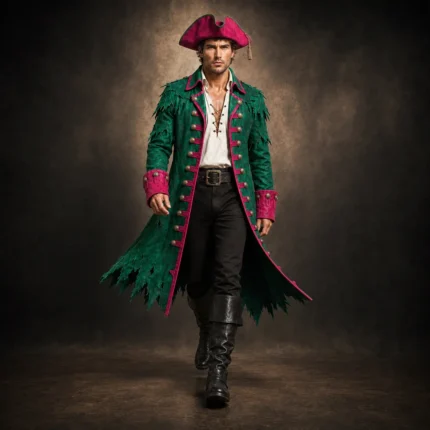 Men Green Pirate Costume Coat, Pink Trim Captain Jacket, Buccaneer Cosplay Outfit, Renaissance Festival Coat