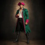 Men Green Pirate Costume Jacket, Long Buccaneer Coat, Renaissance Fair Outfit, Halloween Cosplay Coat