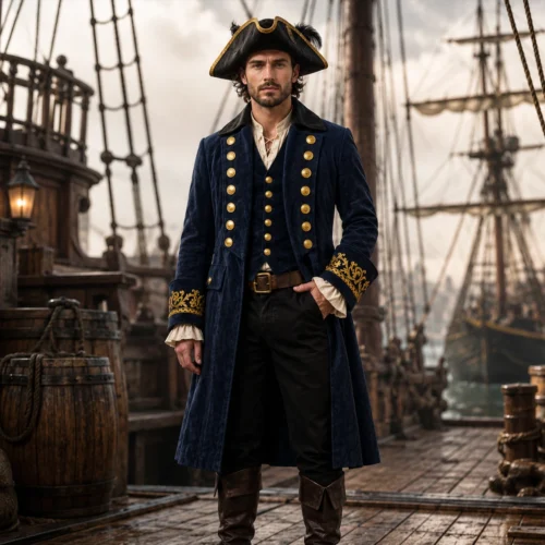 Men Navy Pirate Coat, Velvet Captain Jacket, Gold Button Renaissance Coat, Steampunk Buccaneer Costume