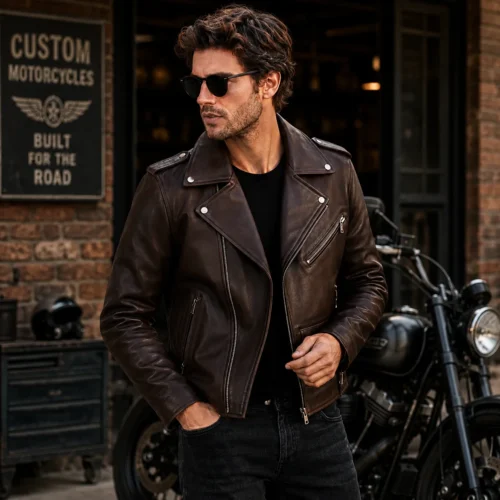 Mens Brown Leather Motorcycle Jacket, Cafe Racer Biker Coat, Handmade Asymmetrical Leather Racing Jacket, Vintage Moto Streetwear