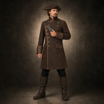Mens Brown Pirate Costume Coat, Long Captain Jacket, Buccaneer Halloween Outfit, Renaissance Festival Coat