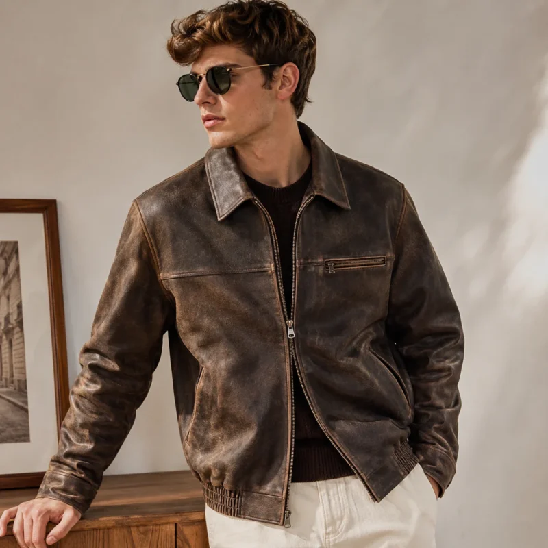 Distressed brown vintage leather jacket