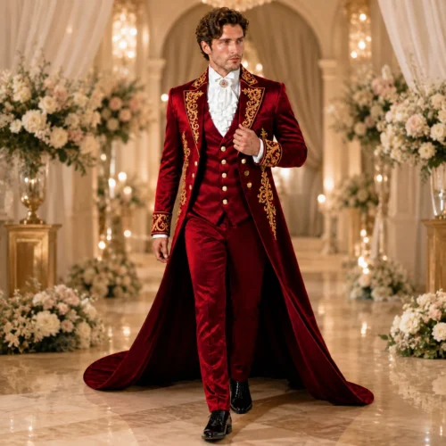 Men's Red Velvet Wedding Outfit, Gold Embroidered Tailcoat, Victorian Groom Tuxedo, Royal Formal Jacket